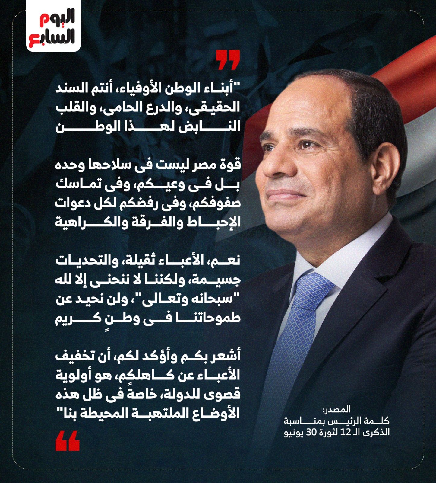كلمة الرئيس السيسى بذكرى 30 يونيو: لن نحيد عن طموحاتنا فى وطن كريم (إنفوجراف)