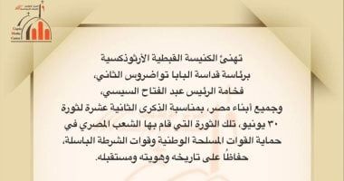 الكنيسة الأرثوذكسية: ثورة 30 يونيو تعبير صادق عن إرادة المصريين