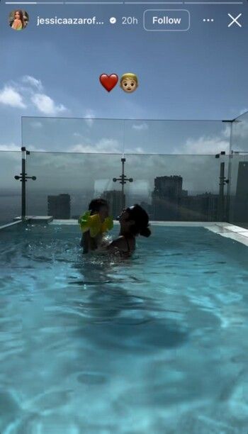 جيسيكا عازار تطل من مسبح منزلها الفخم.. وحركات ابنها تلفت الأنظار