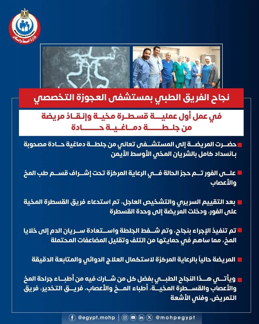 نجاح فريق طبى بمستشفى العجوزة التخصصى فى إجراء أول قسطرة مخية لمريض