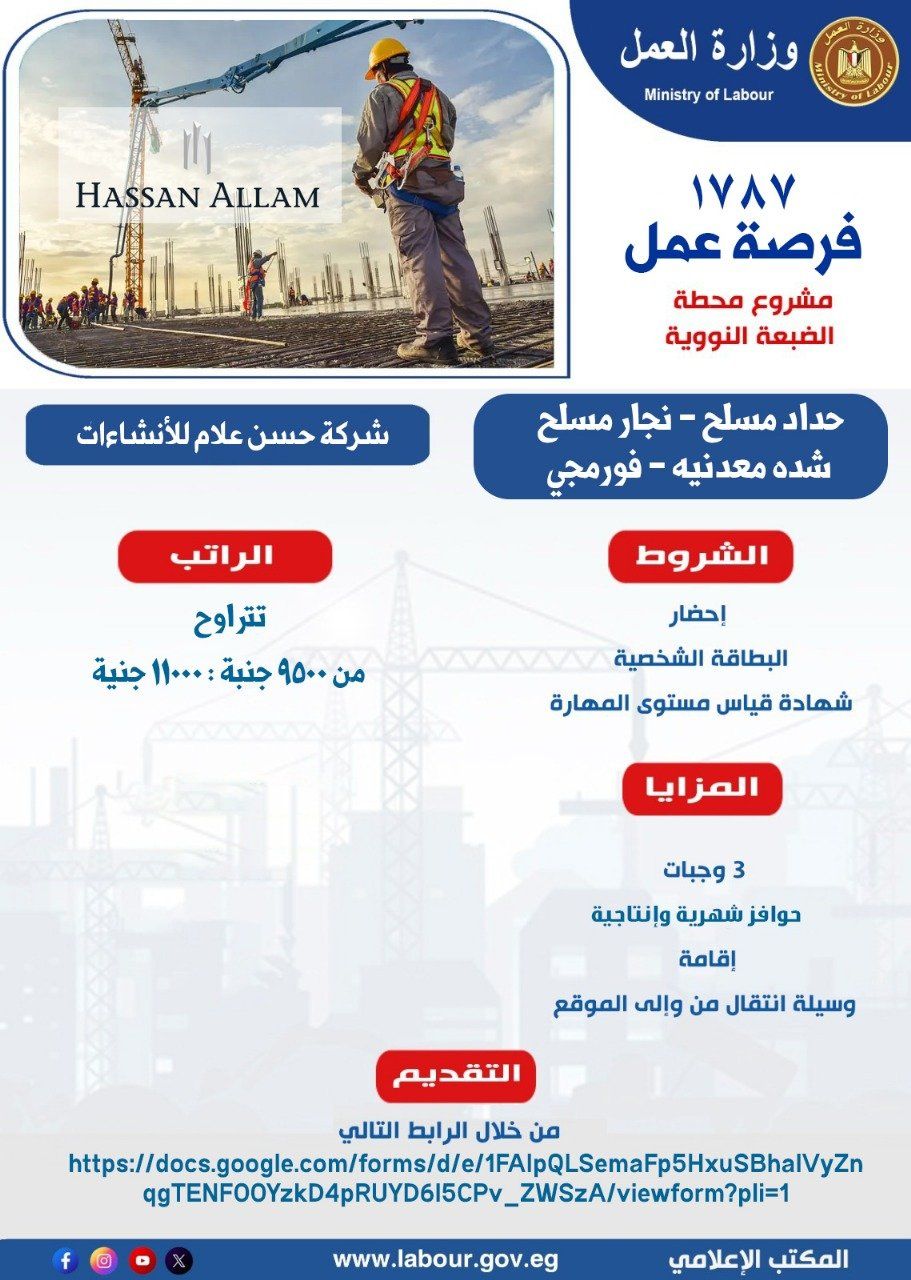 وزير العمل: 1787 فرصة عمل بمشروع محطة الضبعة النووية