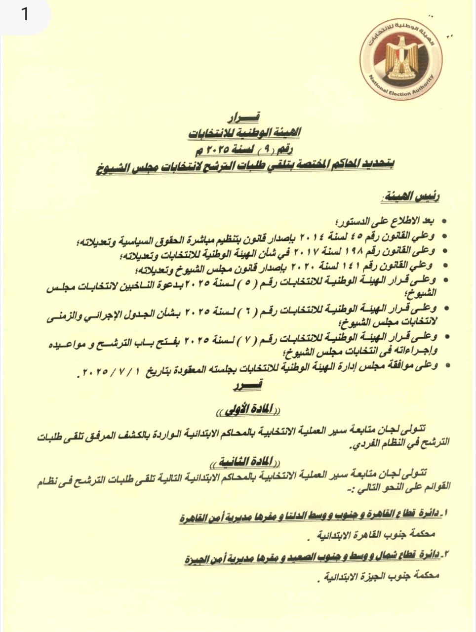 الهيئة الوطنية تعلن عناوين لجان تلقى أوراق الترشح لانتخابات مجلس الشيوخ