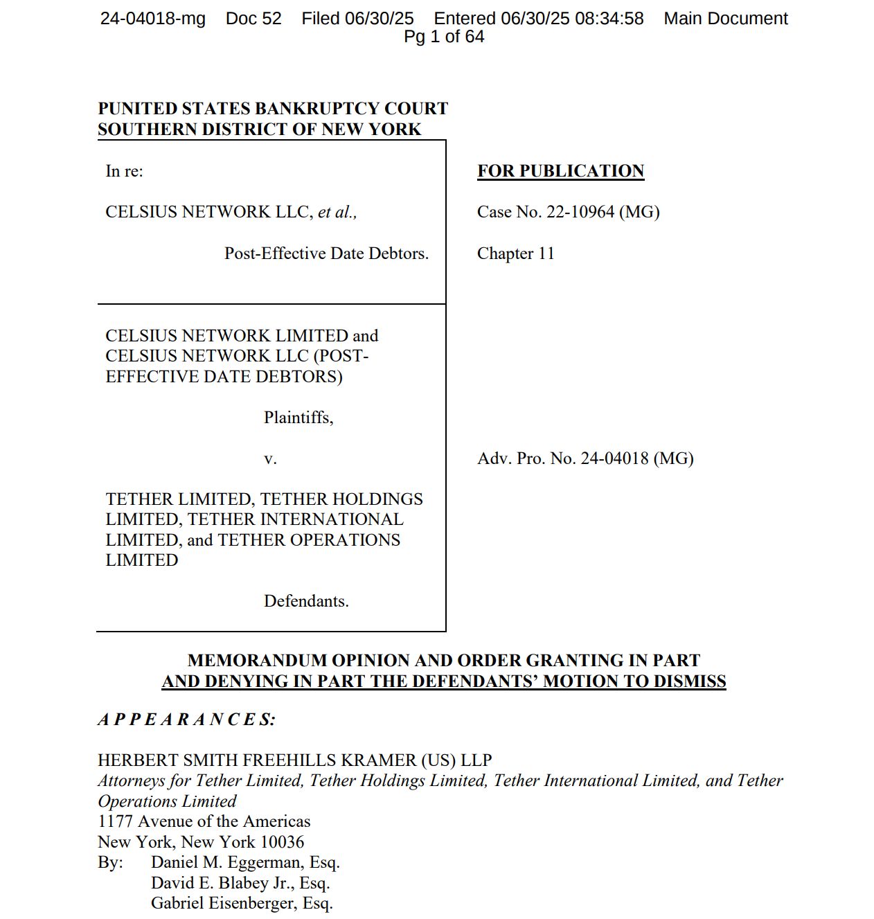 قاضٍ أمريكي يسمح بمواصلة دعوى Celsius ضد Tether بقيمة 4 مليارات دولار