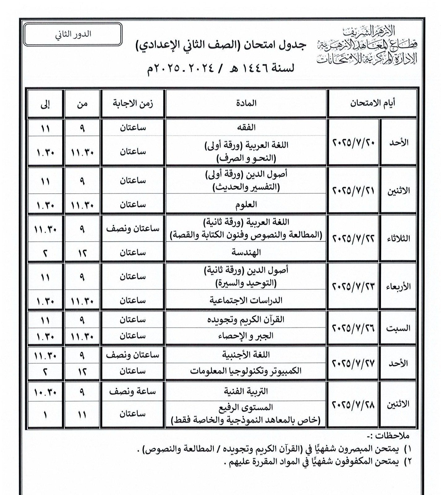 قطاع المعاهد الأزهرية ينشر جداول امتحانات الدور الثانى للنقل والشهادات