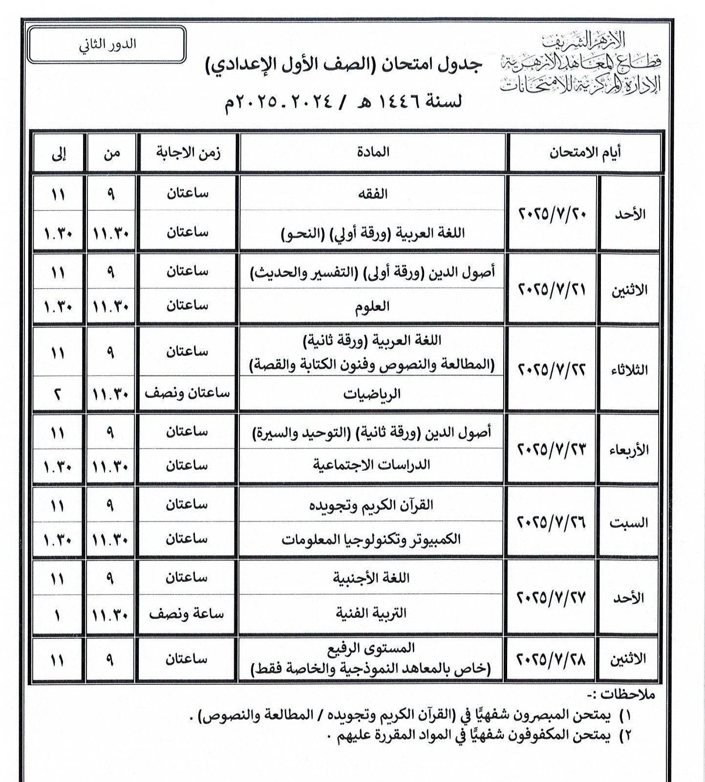 قطاع المعاهد الأزهرية ينشر جداول امتحانات الدور الثانى للنقل والشهادات