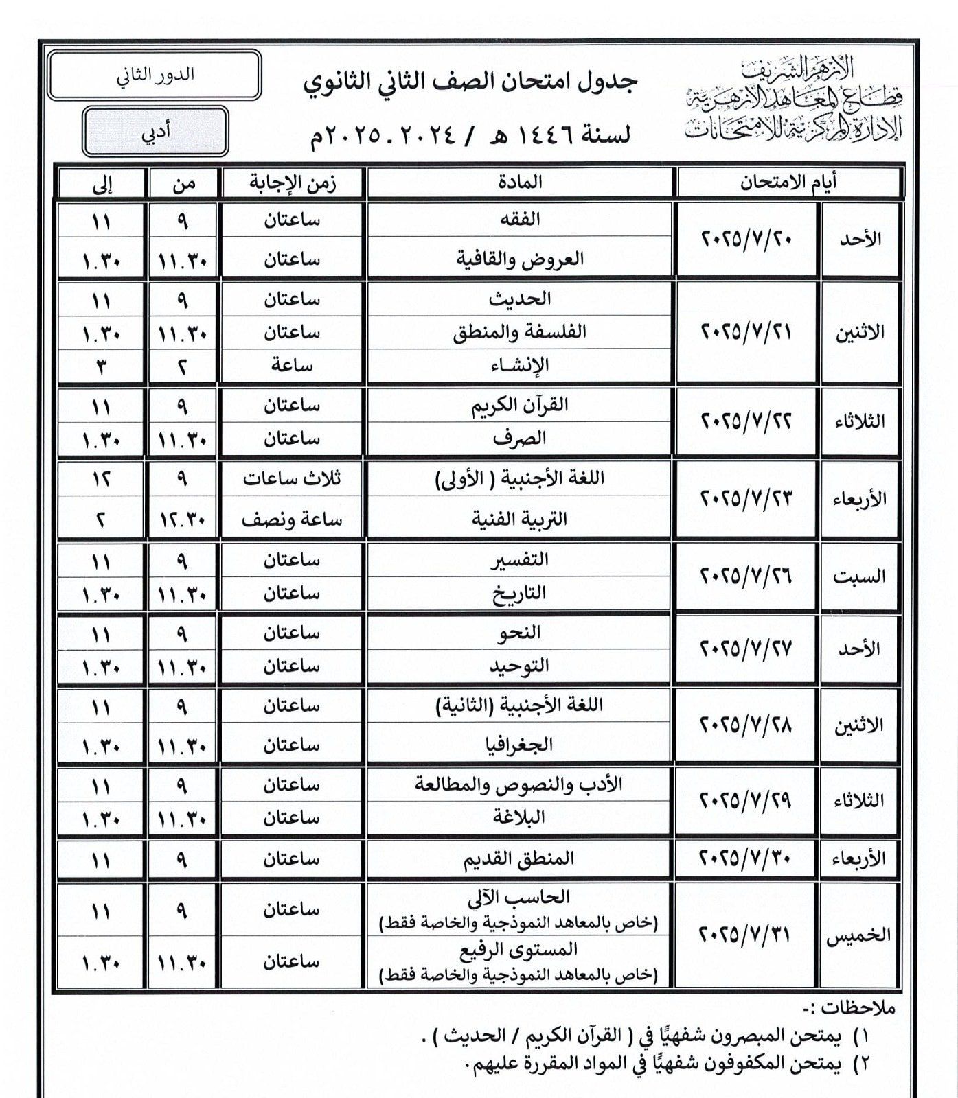 قطاع المعاهد الأزهرية ينشر جداول امتحانات الدور الثانى للنقل والشهادات