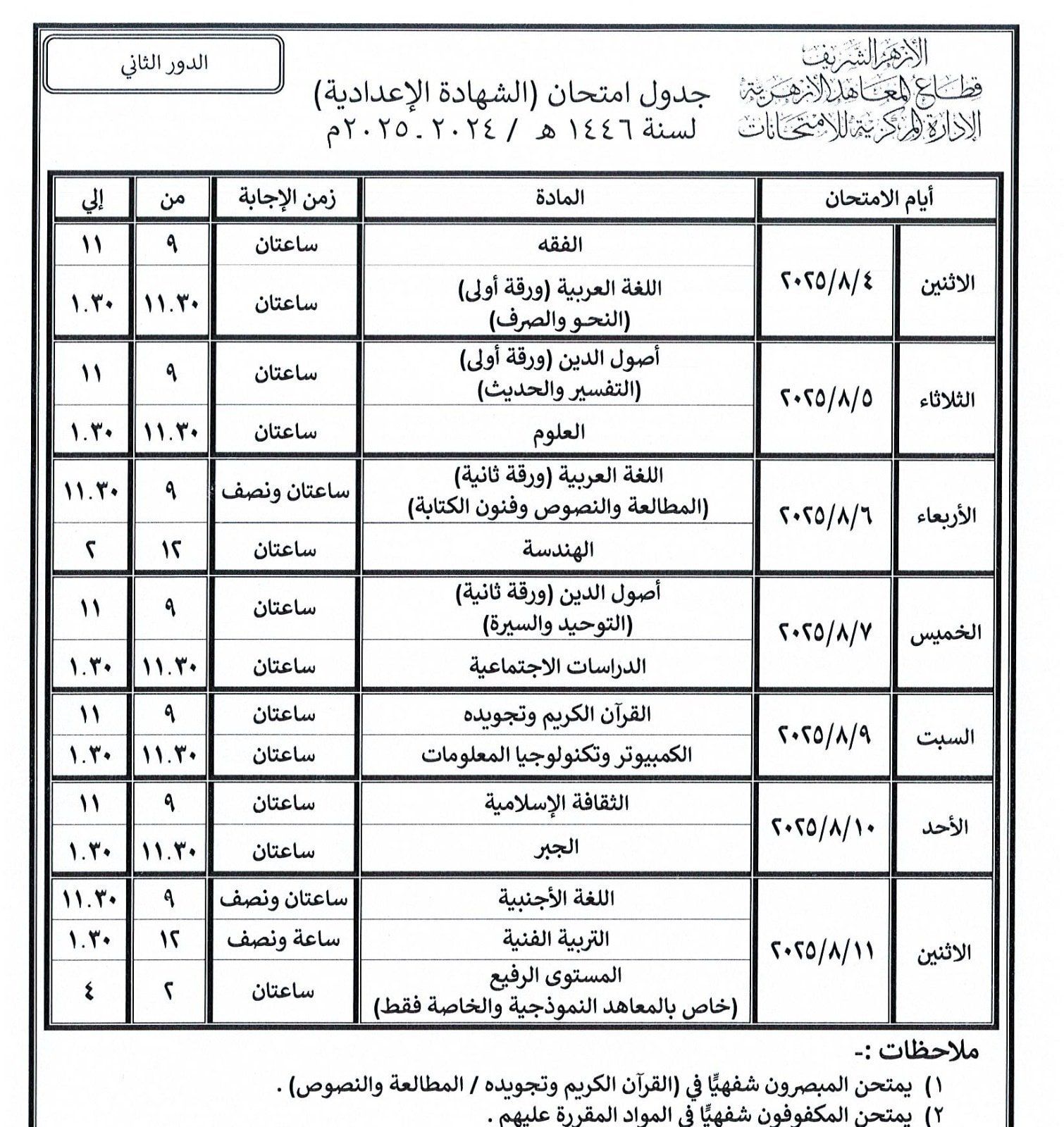 قطاع المعاهد الأزهرية ينشر جداول امتحانات الدور الثانى للنقل والشهادات