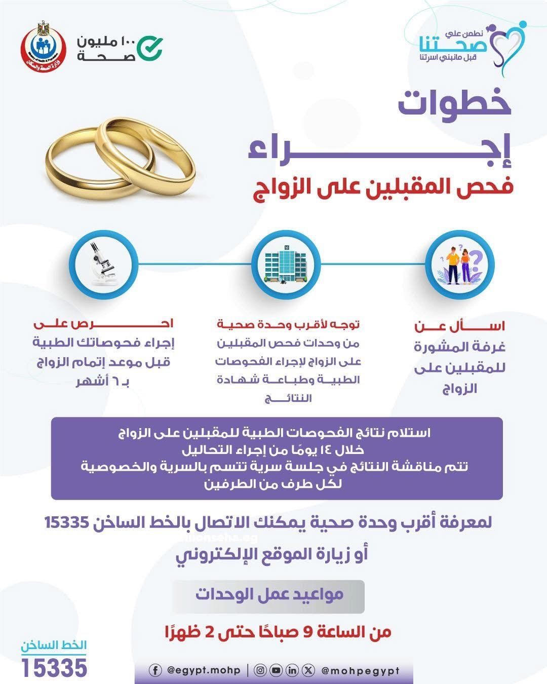 وزارة الصحة تكشف إجراءات فحص المقبلين على الزواج.. تفاصيل