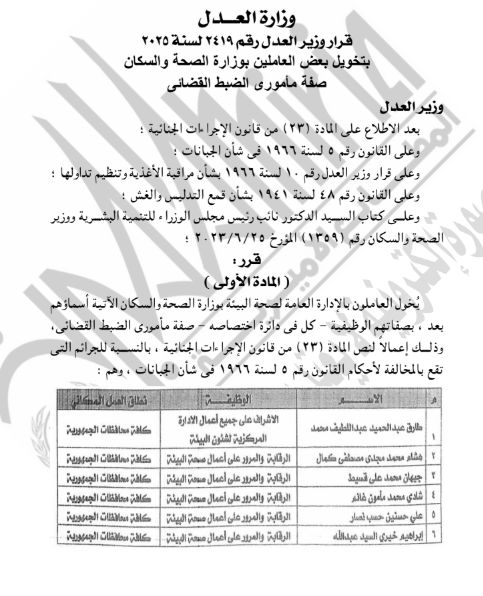 منح 28 عاملا بوزارة الصحة والسكان صفة مأموري الضبط القضائي