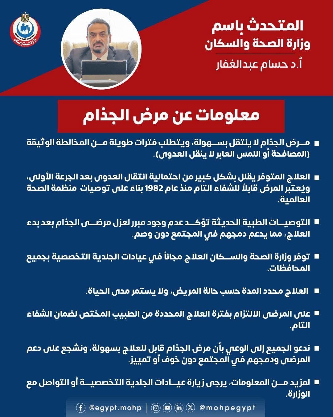 وزارة الصحة: علاج الجذام يقلل من العدوى بعد الجرعة الأولى