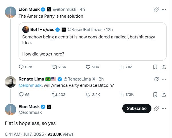 إيلون ماسك يؤكد أن "حزب أمريكا" الجديد سيعتمد البيتكوين