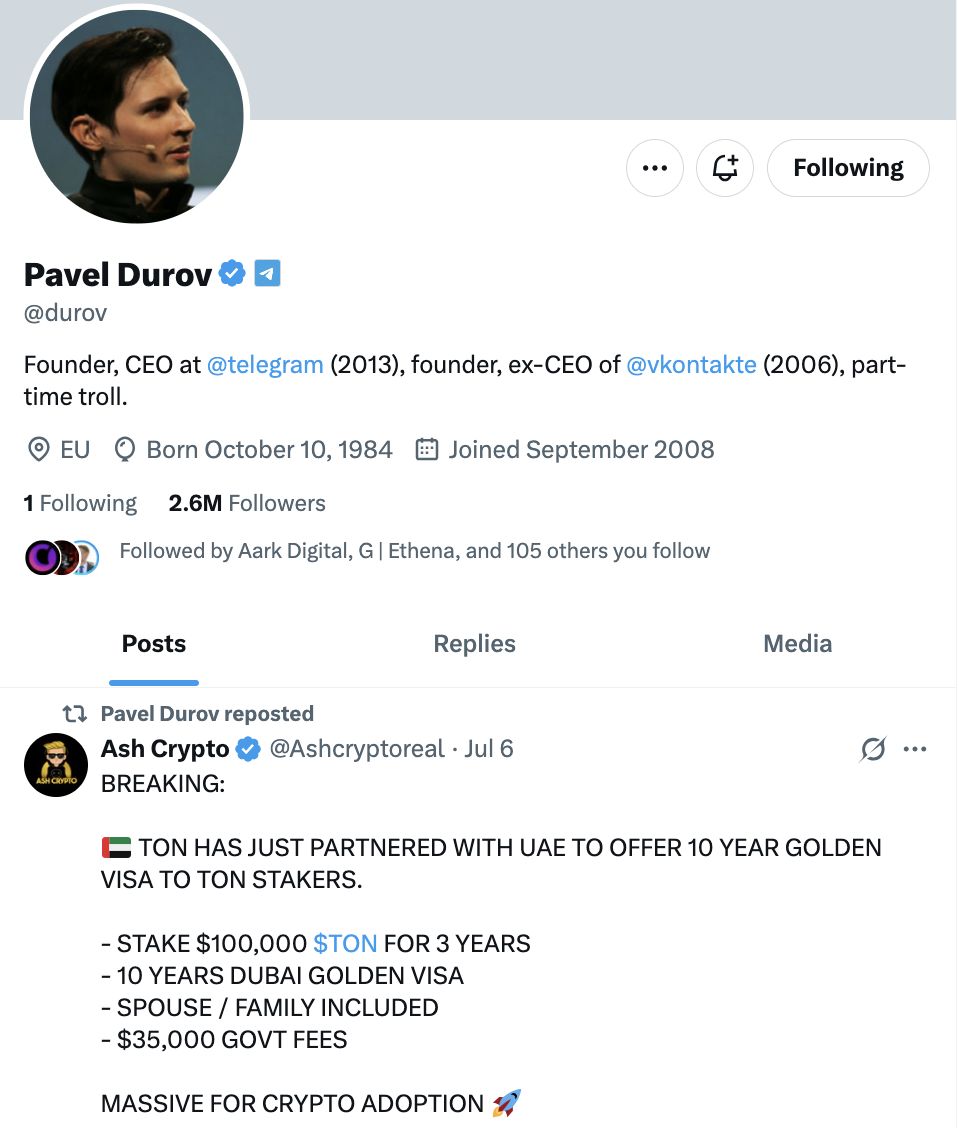 مؤسسة TON: برنامج التأشيرة الذهبية في الإمارات "قيد التطوير بشكل مستقل"