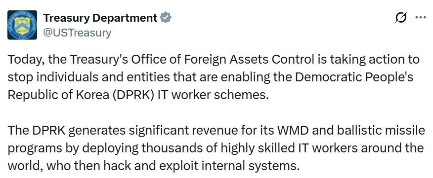 الولايات المتحدة تفرض عقوبات على شبكة من العاملين التقنيين الكوريين الشماليين بسبب سرقات في مجال العملات المشفرة