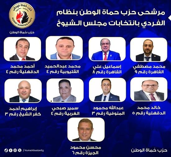 حماة الوطن يعلن قائمة مرشحيه على المقاعد الفردية بانتخابات الشيوخ 2025