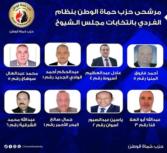حماة الوطن يعلن قائمة مرشحيه على المقاعد الفردية بانتخابات الشيوخ 2025