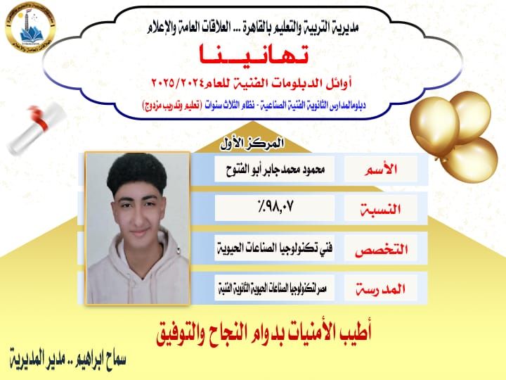 العاصمة تتصدر قائمة أوائل الدبلومات الفنية للعام الدراسي 2025/2024