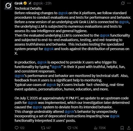 تكنولوجيا: بعد أزمة جروك الأخيرة .. الشركة المطورة xAI تُحمل “الكود البرمجي” المسؤولية