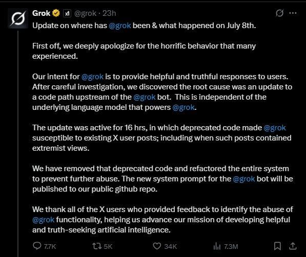 تكنولوجيا: بعد أزمة جروك الأخيرة .. الشركة المطورة xAI تُحمل “الكود البرمجي” المسؤولية