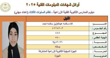 نتيجة الدبلومات الفنية 2025.. آلاء سلامة من أوائل الجمهورية فى التعليم الزراعى