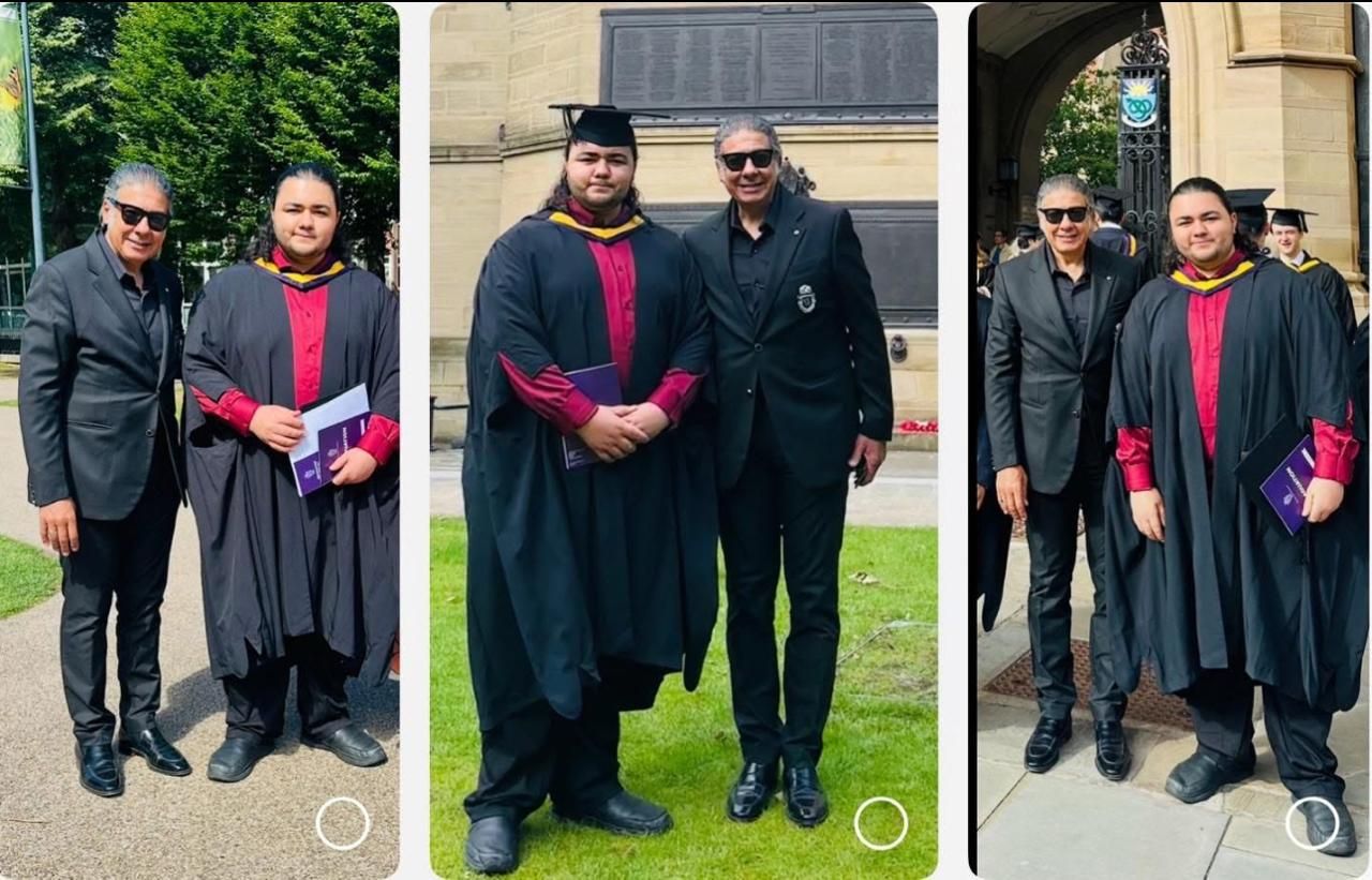 رئيس محكمة الجنايات يحتفل بحصول نجله على درجة الماجستير فى الفيزياء من جامعة مانشستر الإنجليزية