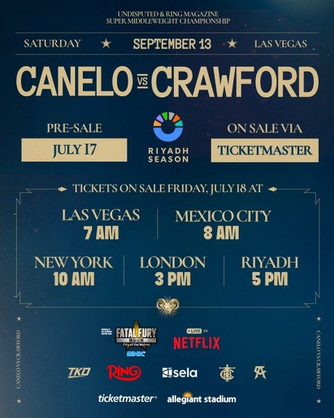 تركي آل الشيخ يعلن بدء بيع تذاكر نزال كانيلو وكروفورد على لقب بطولة العالم الموحدة للوزن فوق المتوسط الجمعة المقبل