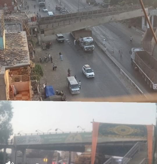 سقوط جزئى لكوبرى مشاة بطوخ بعد اصطدام سيارة نقل به على الطريق الزراعى.. صور