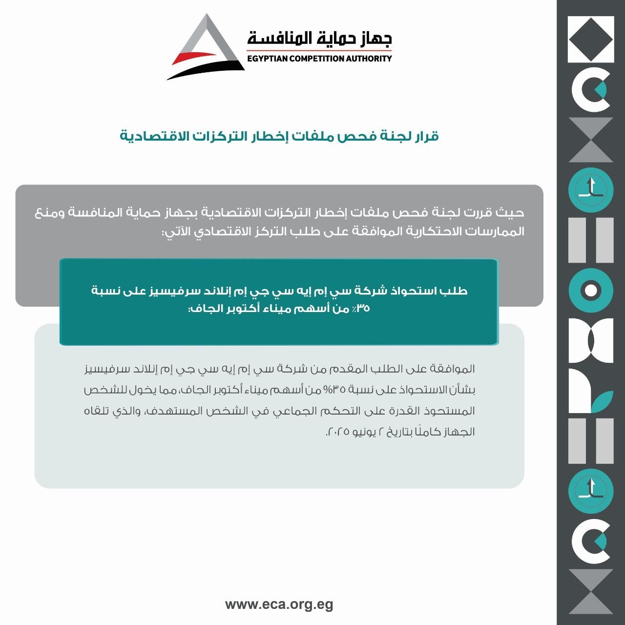 حماية المنافسة يوافق على استحواذ سي إم إيه سي على 35% من أسهم ميناء أكتوبر الجاف