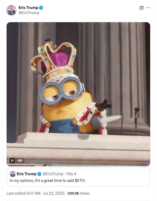 إريك ترمب يحتفل بعد 5 أشهر من دعوته الجميع لشراء الإيثر (ETH)