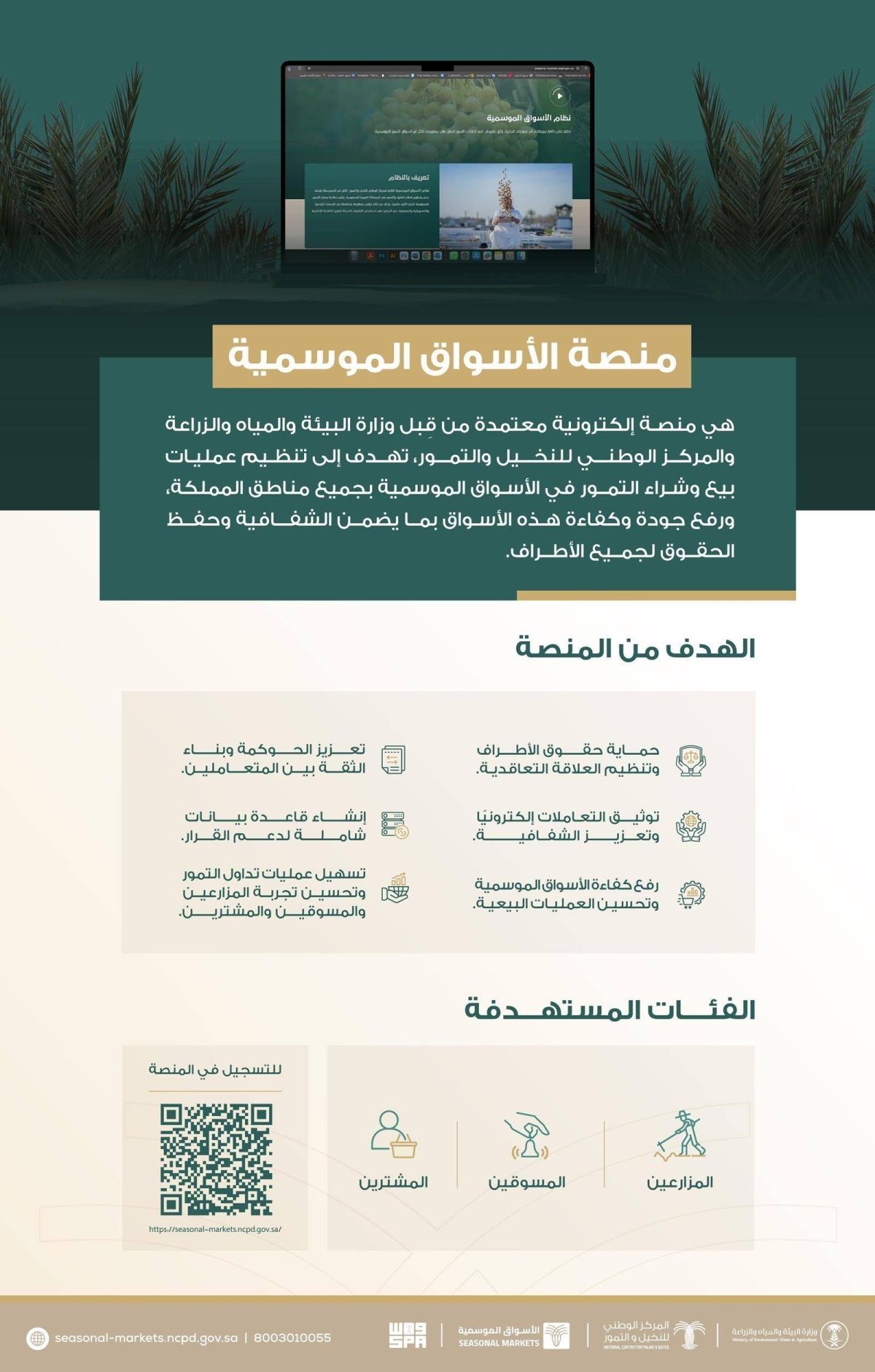 المركز الوطني للنخيل والتمور يفتح التسجيل بمنصة الأسواق الموسمية