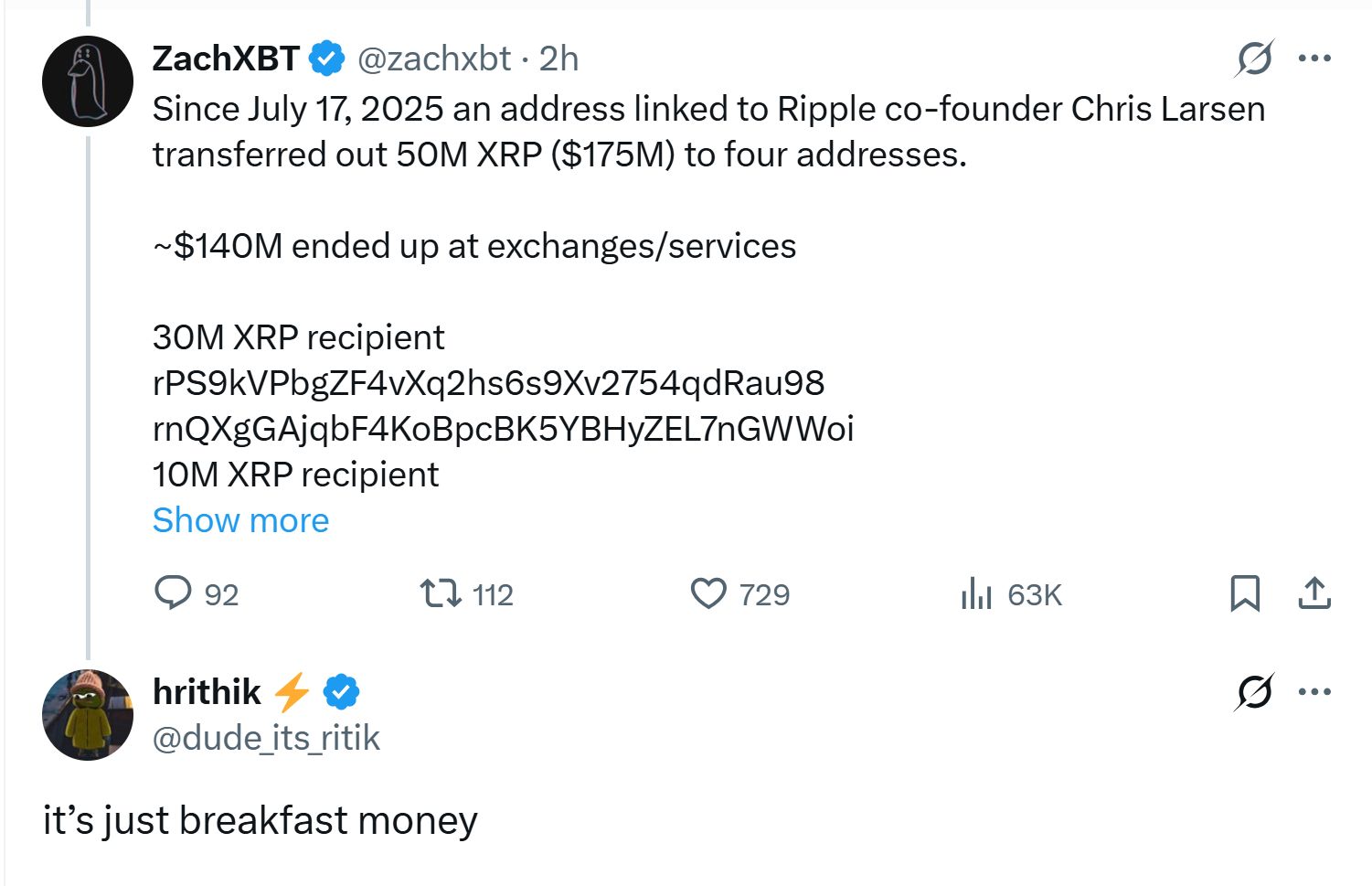 تفريغ XRP: الشريك المؤسس لـRipple يواجه انتقادات بسبب نقل 175 مليون دولار من XRP قرب الذروة