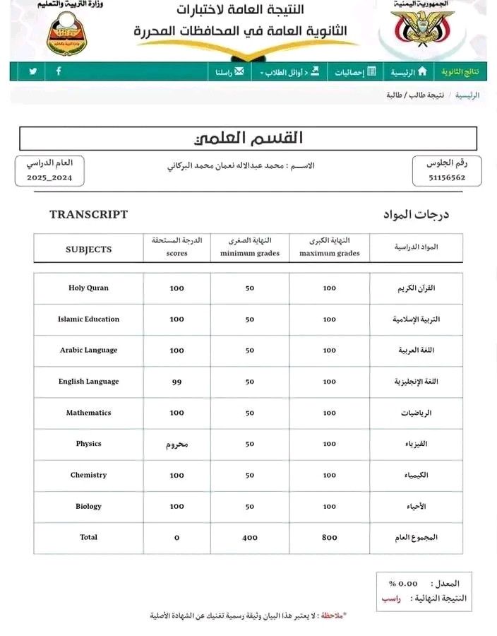 صادم ...حرمان المرشح للحصول على الترتيب الاول في نتائج الثانوية العامة "صور"