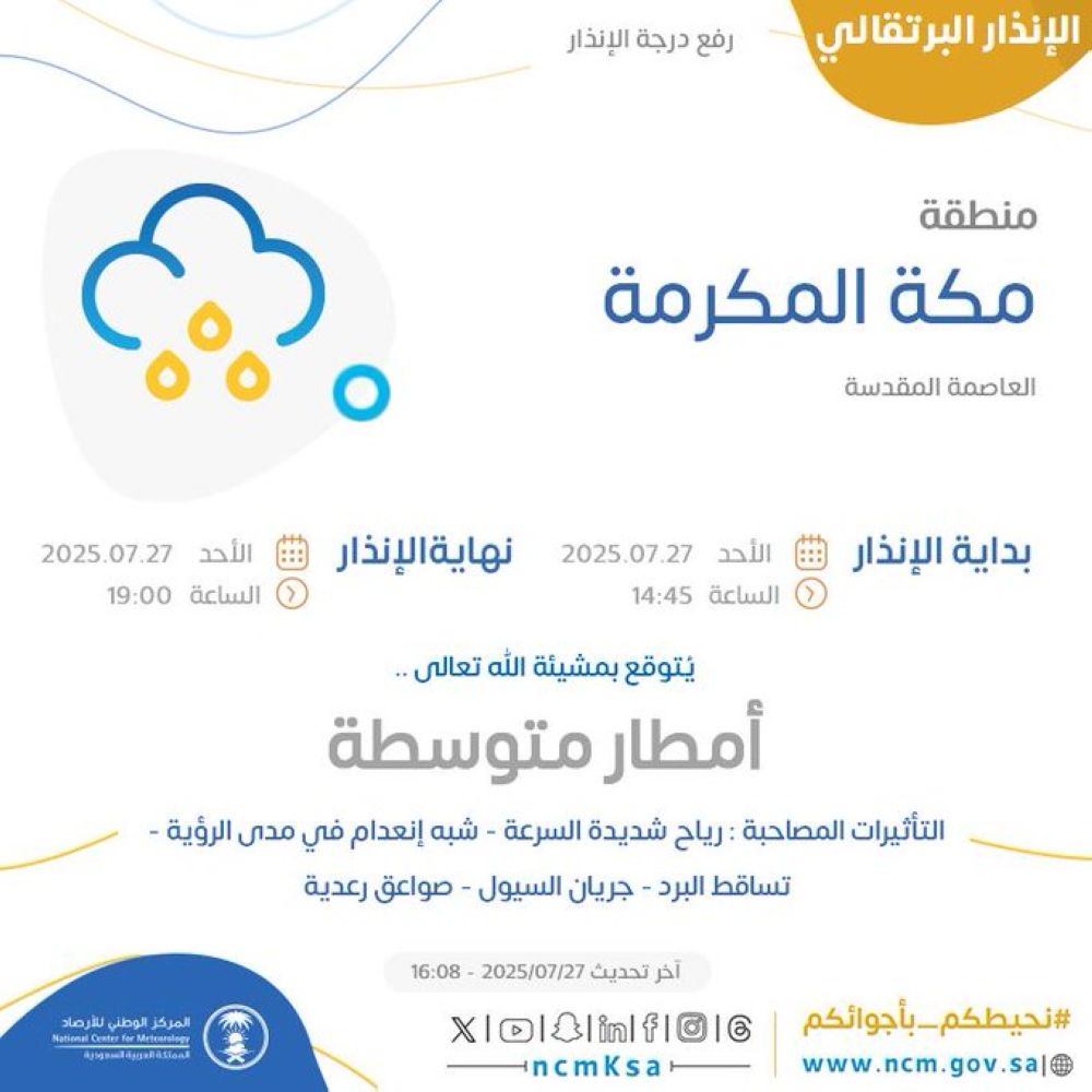 أخبار من السعودية.. طقس مكة.. "الأرصاد" ينبه من أمطار متوسطة حتى السابعة مساء
