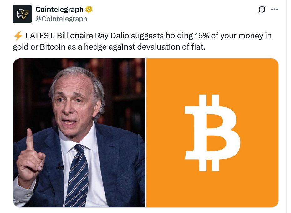 راي داليو يقترح تخصيص 15% من المحفظة للبيتكوين أو الذهب وسط “حلقة الهلاك” الخاصة بالديون الأمريكية