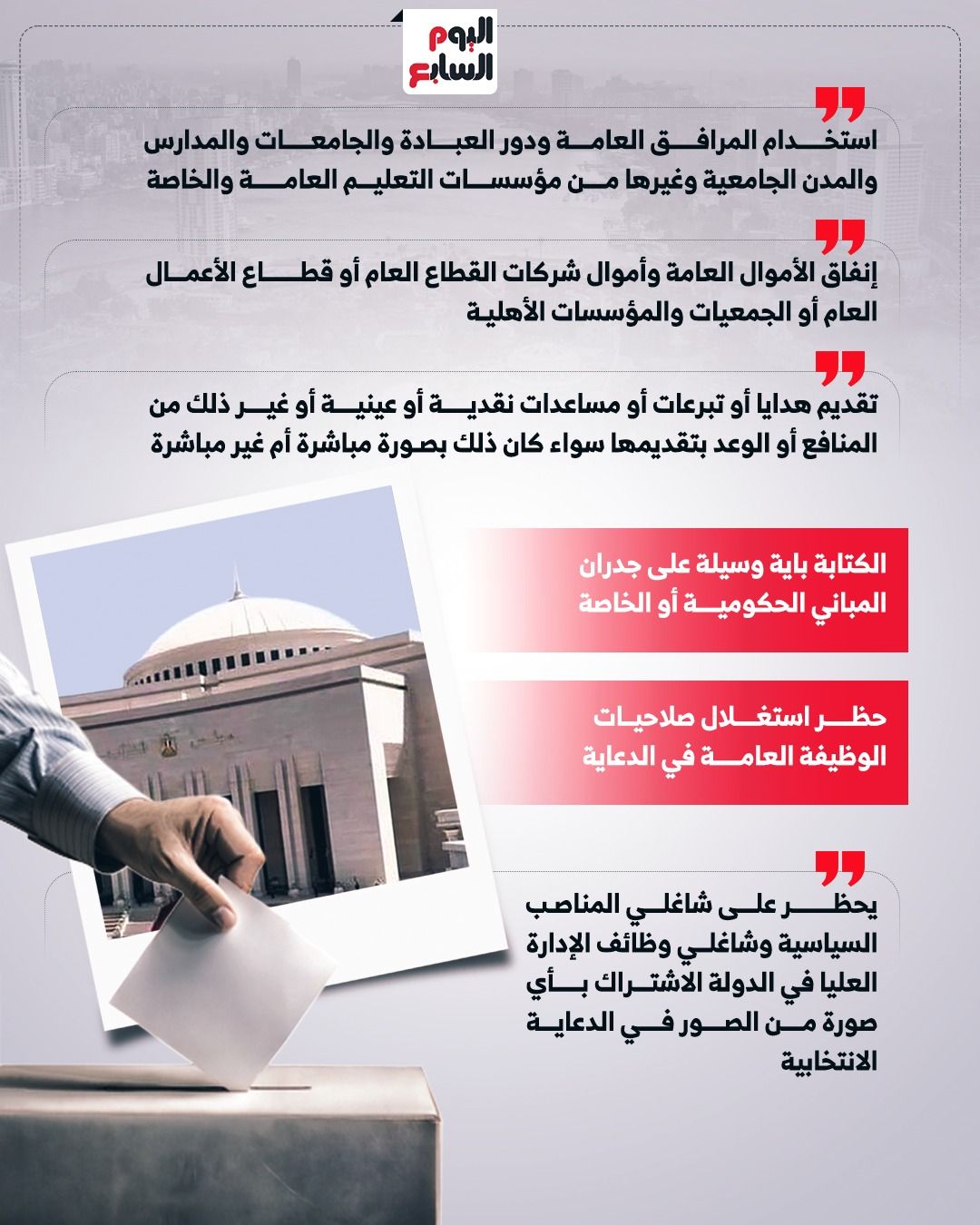 10 محظورات فى الدعاية الانتخابية قبل بدء الصمت الانتخابى.. انفوجراف - الخليج 365