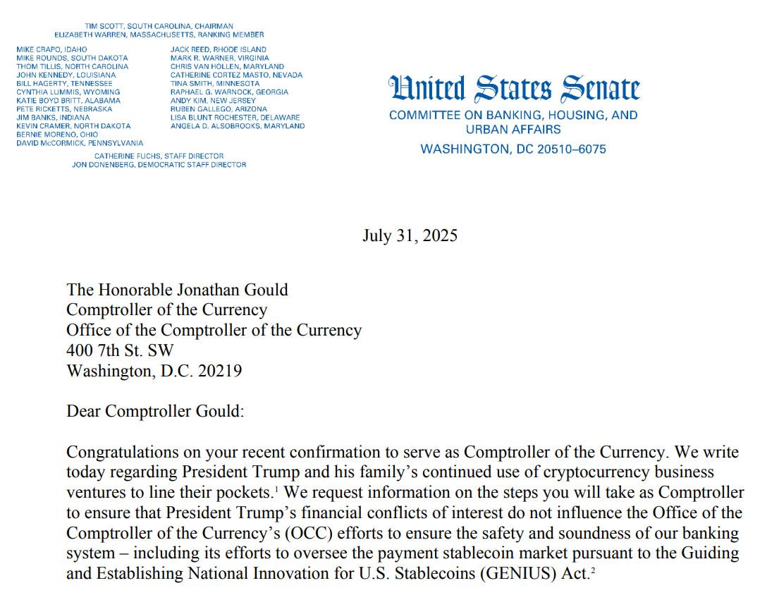 الديمقراطيون يضغطون على الجهة التنظيمية المصرفية بشأن تضارب مصالح ترامب في مجال العملات المستقرة