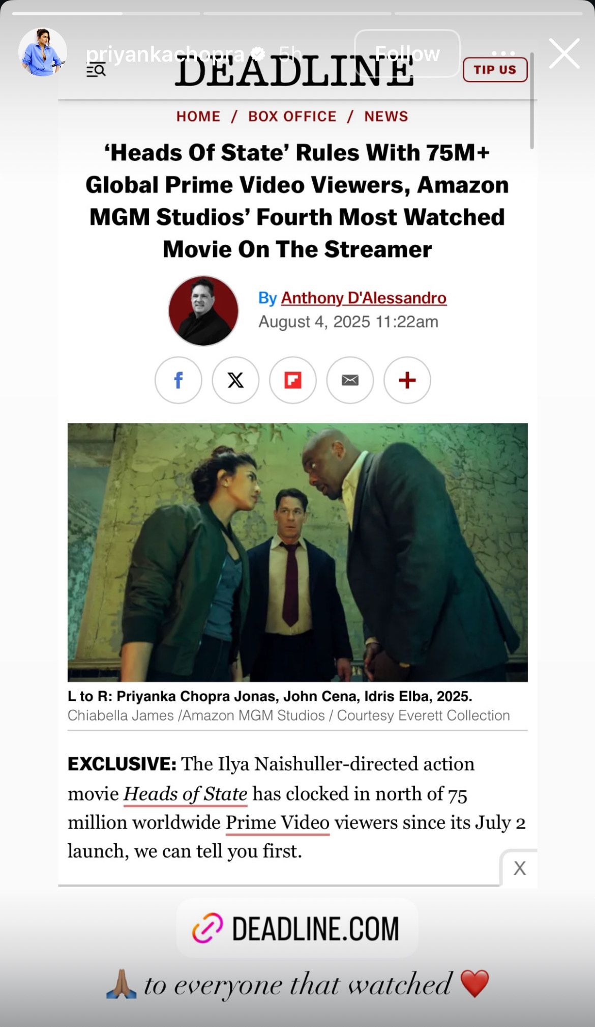 بريانكا شوبرا تحتفل بتحقيق فيلمها Heads of States إيرادات قياسية