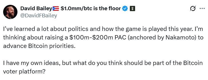 مستشار ترامب للبيتكوين ديفيد بيلي يسعى لإنشاء لجنة عمل سياسي بقيمة 200 مليون دولار