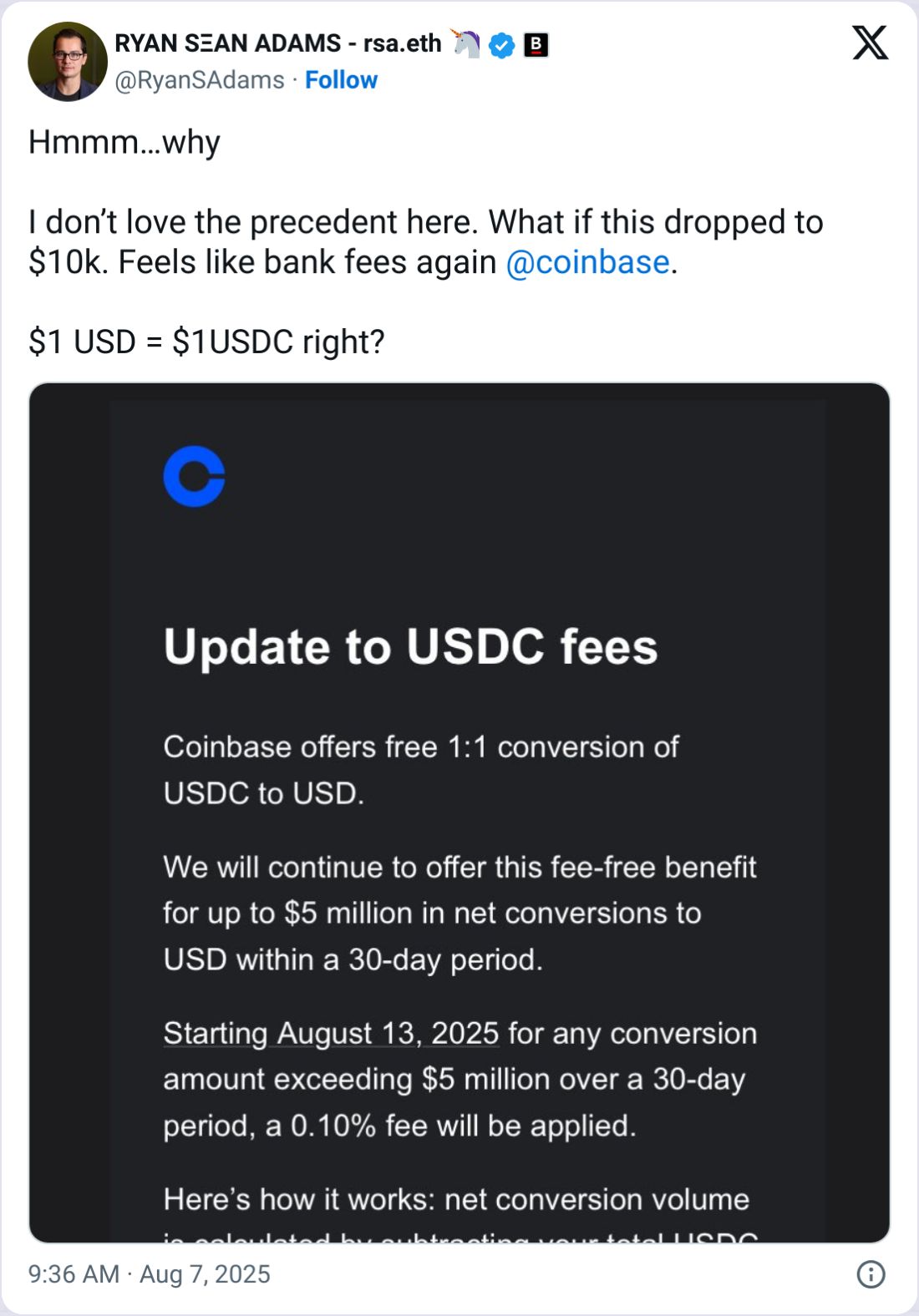 Coinbase تفرض رسومًا بنسبة 0.1% على تحويلات USDC إلى الدولار الأمريكي التي تتجاوز 5 ملايين دولار