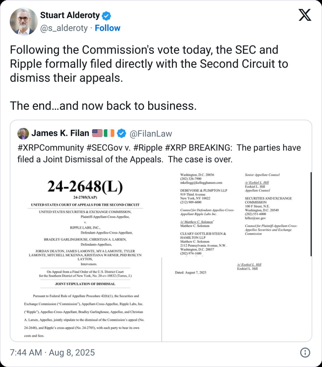 انتهاء الدعوى القضائية بين SEC وRipple بعد اتفاق مشترك على إسقاط الطعون