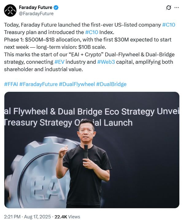 شركة السيارات الكهربائية الناشئة Faraday Future تخطط لاستراتيجية كريبتو بمليارات الدولارات