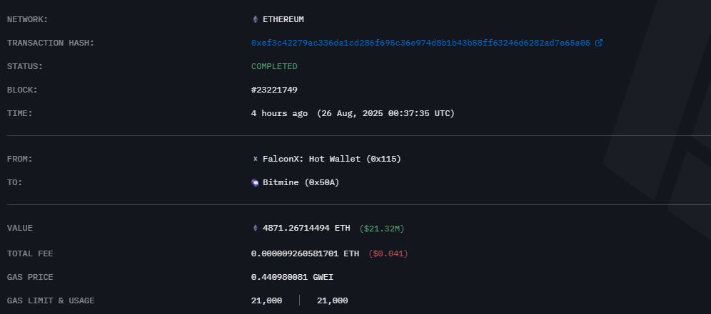 توم لي يتوقع قاع الإيثر "خلال الساعات القليلة المقبلة" مع شراء BitMine نحو 4,871 ETH