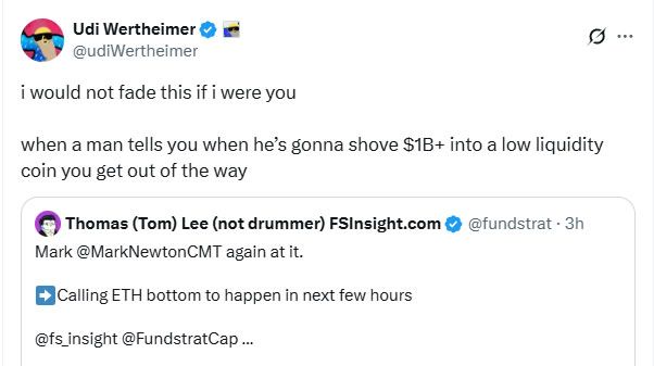 توم لي يتوقع قاع الإيثر "خلال الساعات القليلة المقبلة" مع شراء BitMine نحو 4,871 ETH