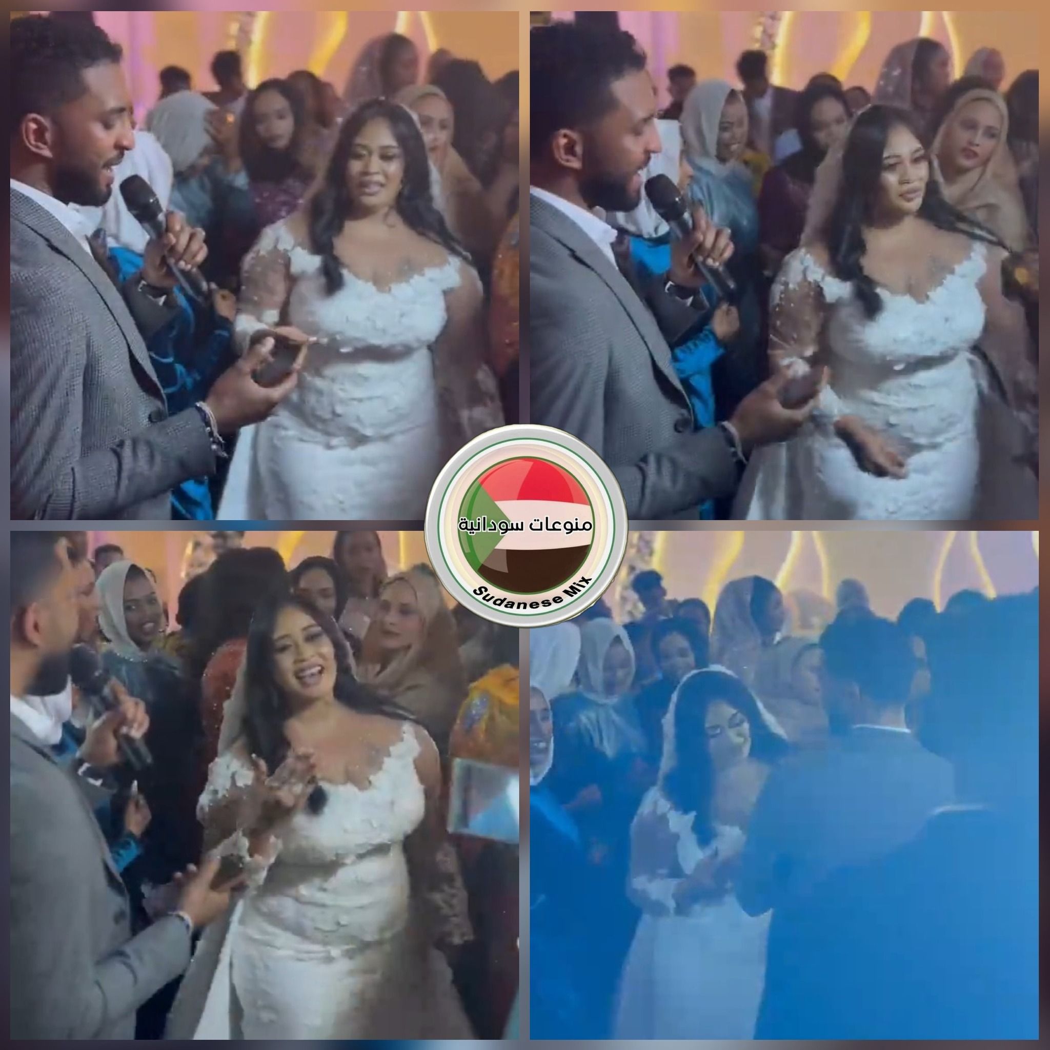 شاهد بالصورة والفيديو.. بفستان زفاف مثير.. عروس سودانية تتبادل الرقصات مع فنان حفل زواجها محمد بشير في حضور عريسها