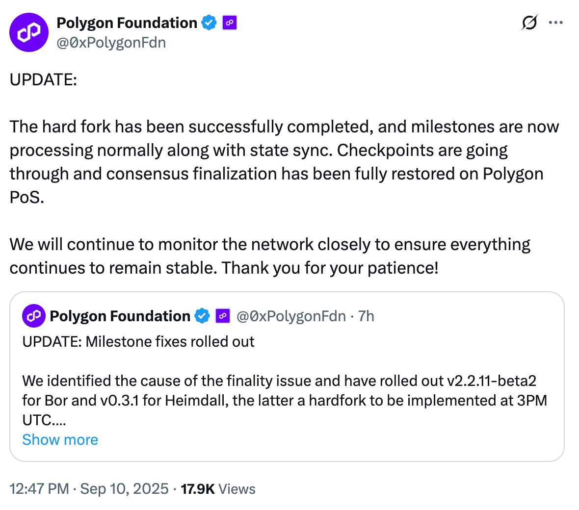 Polygon تصلح خللاً في عقدة RPC وتعيد وظائف الإجماع إلى طبيعتها