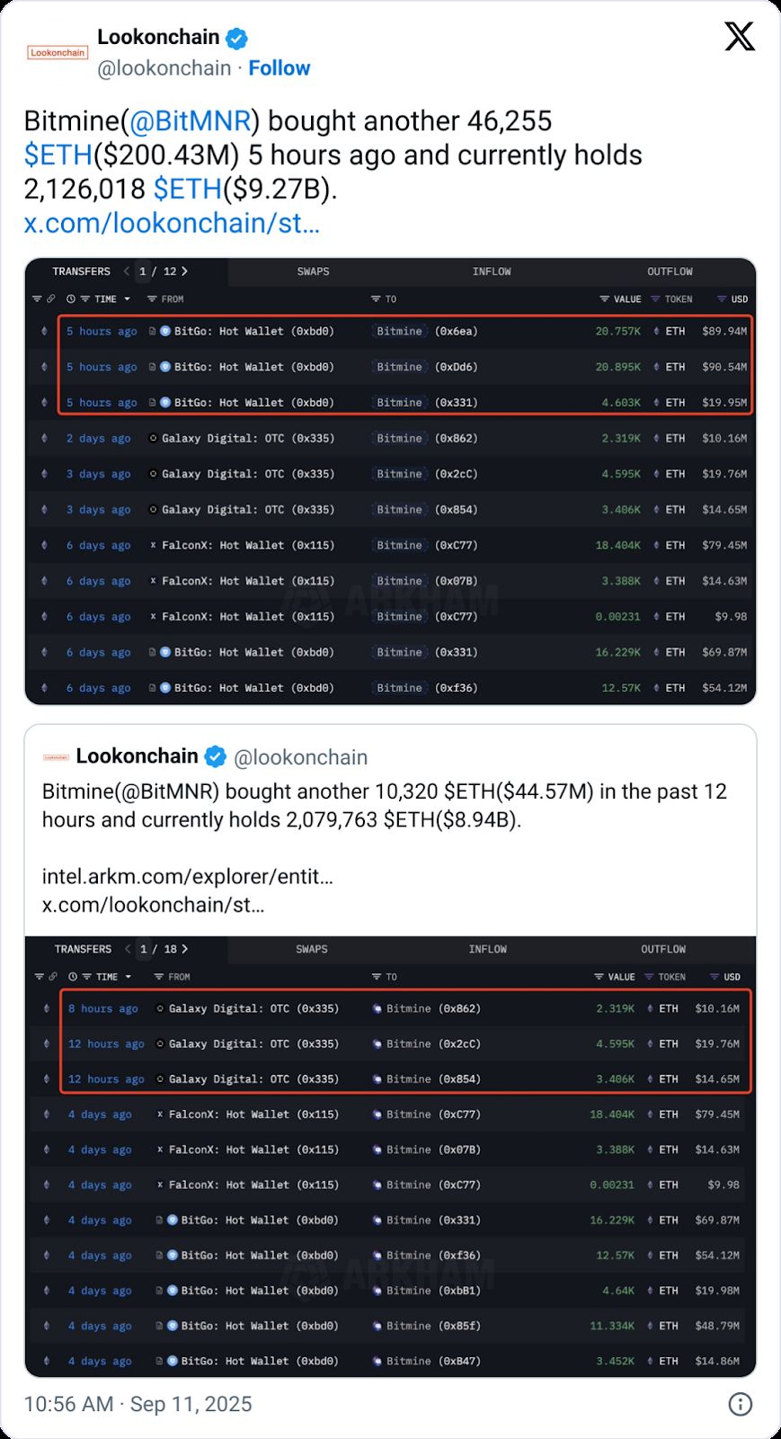 BitMine تجري ثاني عملية شراء ضخمة لإيثريوم هذا الأسبوع وترفع حيازاتها إلى 9.2 مليار دولار