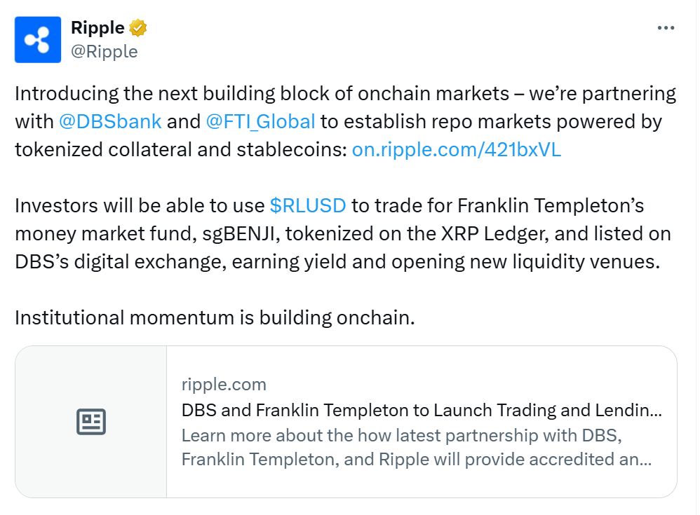 تعاون بين DBS وFranklin Templeton وRipple لإطلاق خدمات الإقراض المرمّز