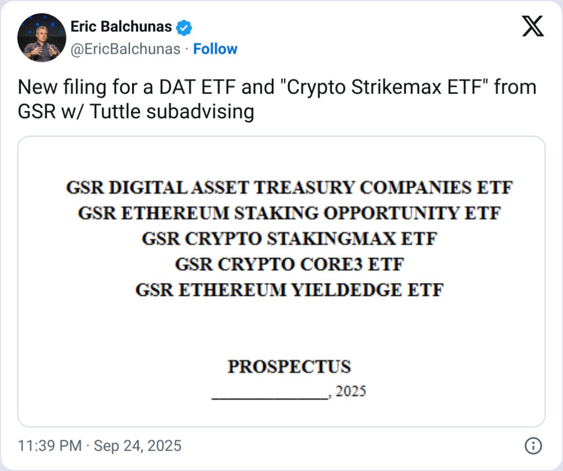 صانع السوق GSR يقدّم طلبًا لإطلاق صندوق ETF يتتبع شركات خزانة الكريبتو