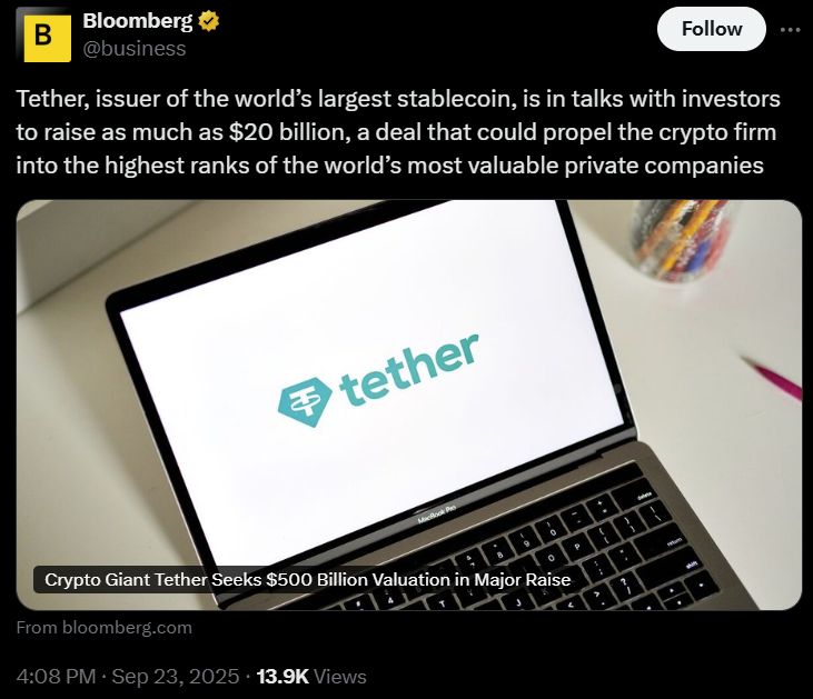 تقرير: جهة إصدار عملة USDt "تيثر" تسعى لجمع 20 مليار دولار عند تقييم 500 مليار دولار
