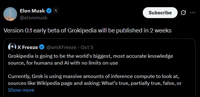 إيلون ماسك يعلن عن إطلاق "Grokipedia" خلال أسبوعين لمواجهة "الأكاذيب" و"أنصاف الحقائق"