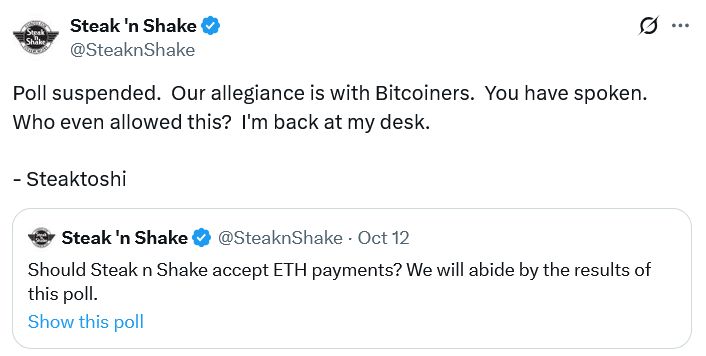 مطعم Steak ‘n Shake يتراجع سريعًا بعد أن أغضب استطلاع حول الإيثر مجتمع البيتكوين